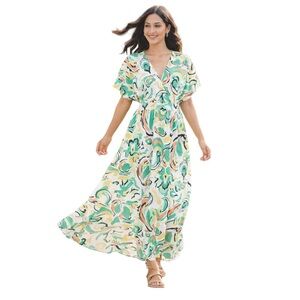 Abstract Swirl V-Neck Maxi Dress - Green Multi